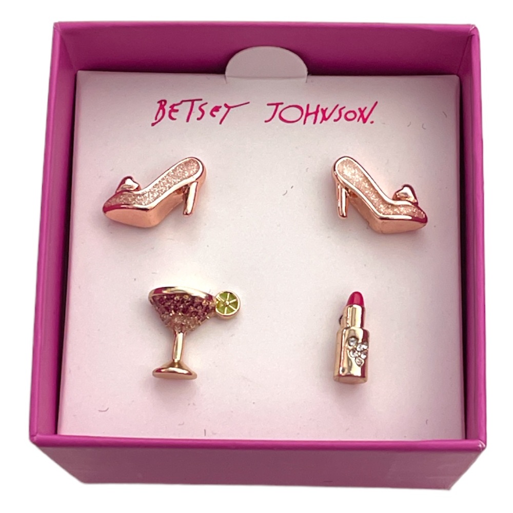 Betsey Johnson Mismatch Heels Lipstick and Margarita Earrings Gold Rose Gold